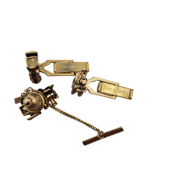 Sarah Coventry Train Cufflinks & Tie Pin Locomotive Railroad Steam Engine Tack - Picture 6 of 6